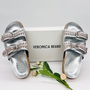 Veronica Beard Paige Silver Metallic Woven Slide Sandals